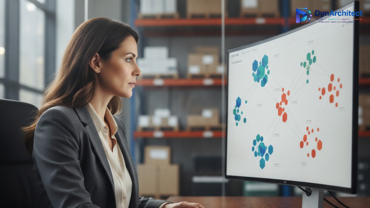 A finance controller reviewing an inventory reconciliation dashboard on a monitor in a modern office