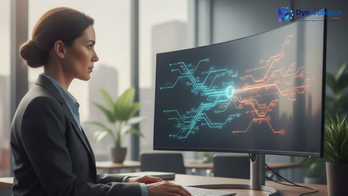 IT governance administrator reviewing a Power Platform connector policy dashboard on a widescreen monitor