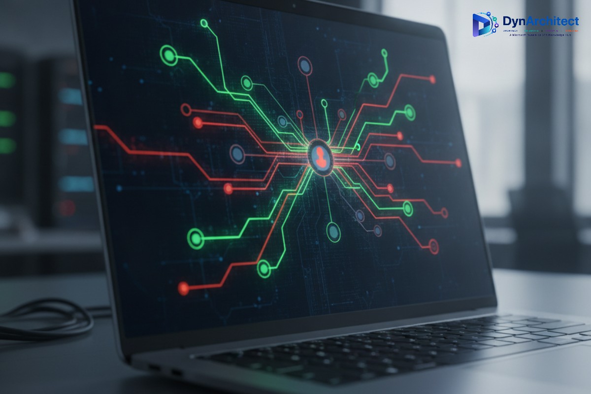 Abstract network diagram on a laptop screen showing allowed and blocked system connections