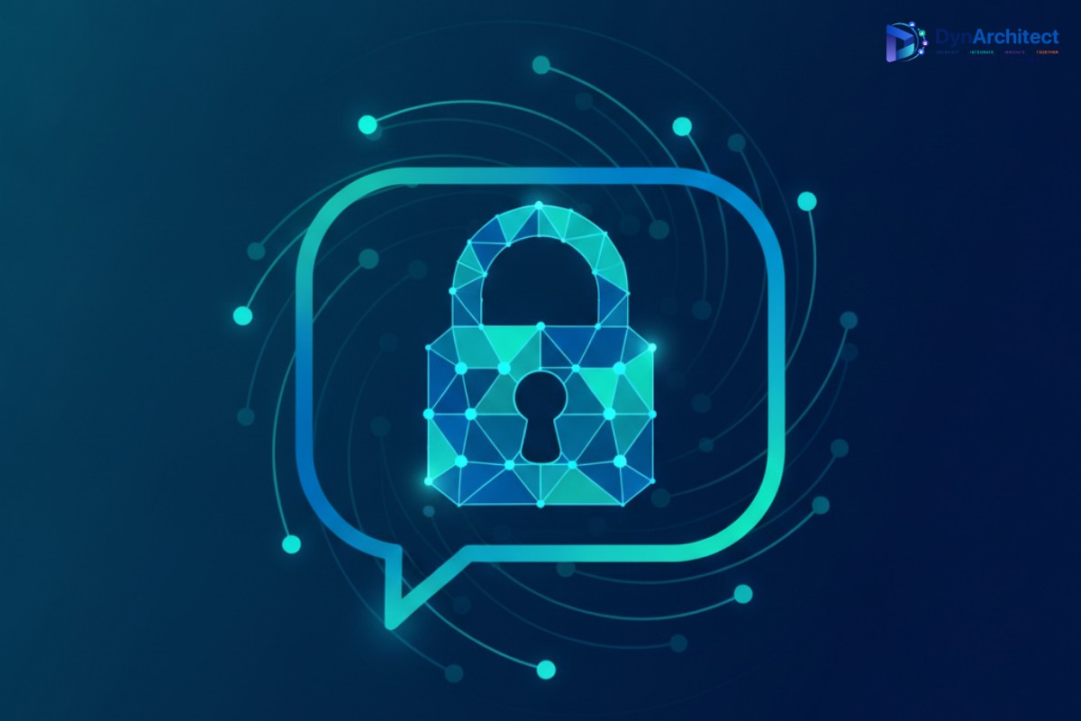 Abstract illustration of a glowing padlock merging with a chat bubble and network nodes, representing secure AI agent authentication