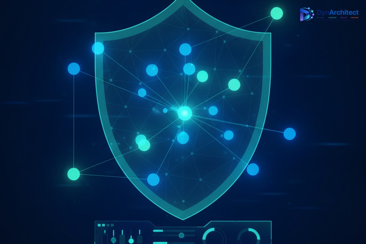 Abstract illustration of a network of AI agents protected within a security shield, representing agent governance