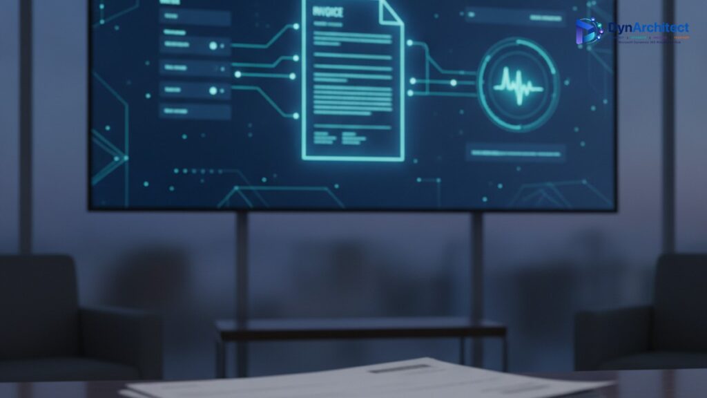 Abstract visualization of an AI system extracting structured data fields from a scanned invoice, displayed on an office monitor