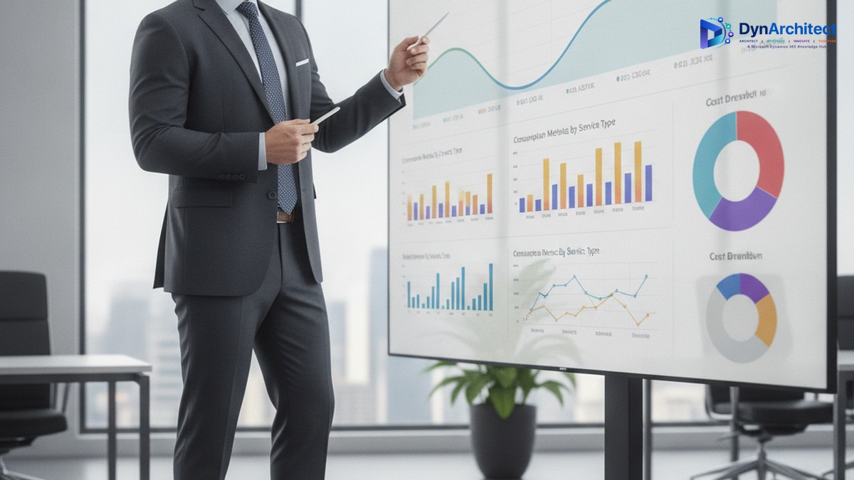 Solution architect reviewing an AI agent cost analytics dashboard on a large office monitor