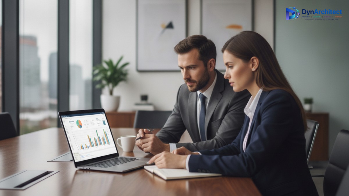 Finance and IT leaders reviewing Power Platform licensing budget charts on a laptop in an office setting