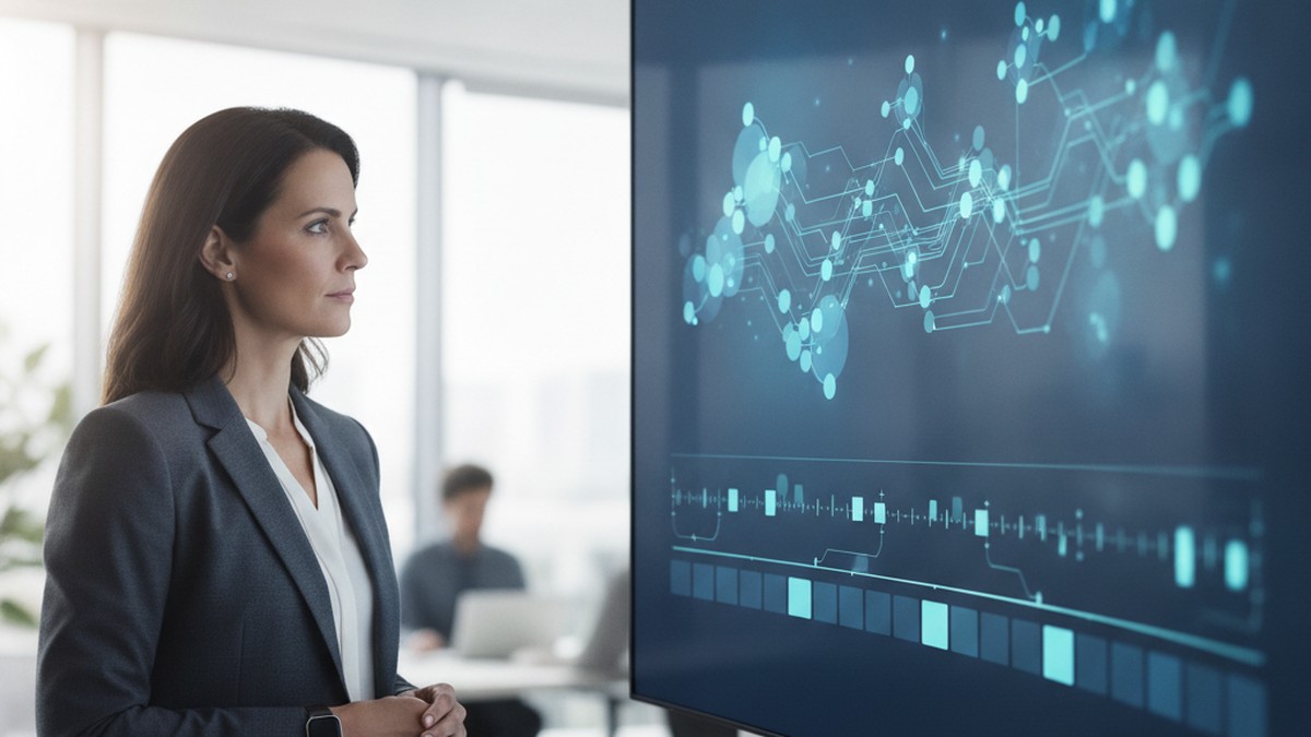 An IT governance leader reviewing an AI model version timeline on a widescreen office display