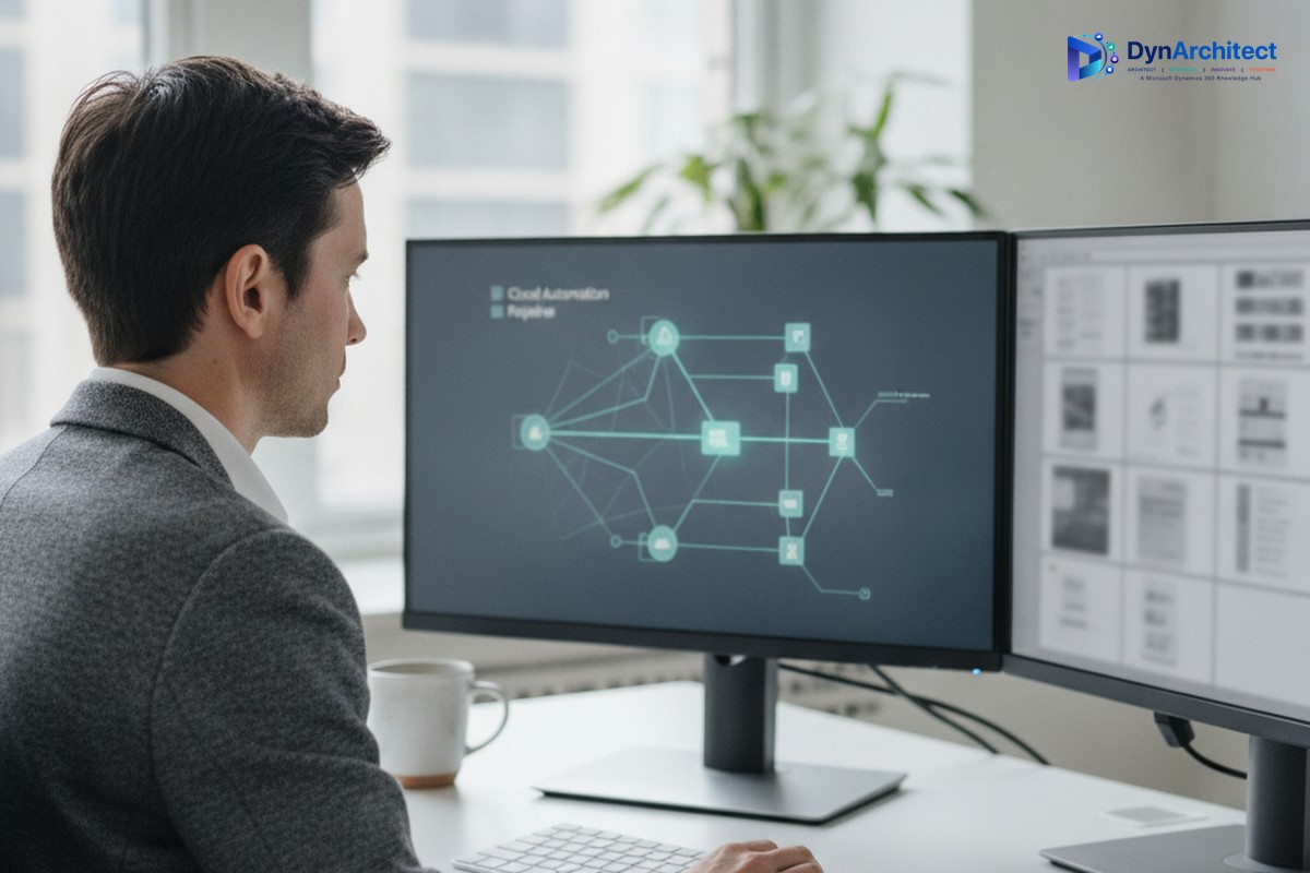 Solution architect reviewing an automation pipeline diagram and scanned document previews on dual monitors