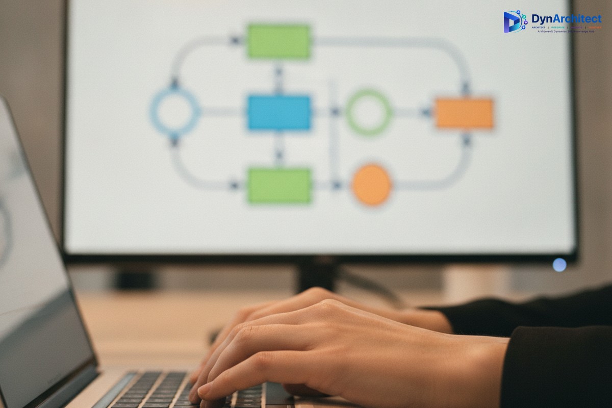 Solution architect building an automated sentiment scoring flow on a laptop