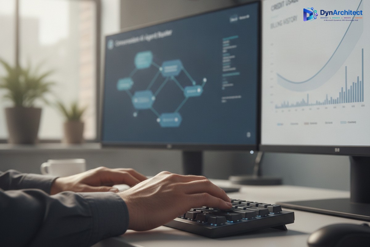 Close-up of hands on a keyboard with a dual-monitor setup showing an AI agent builder interface and a billing usage graph