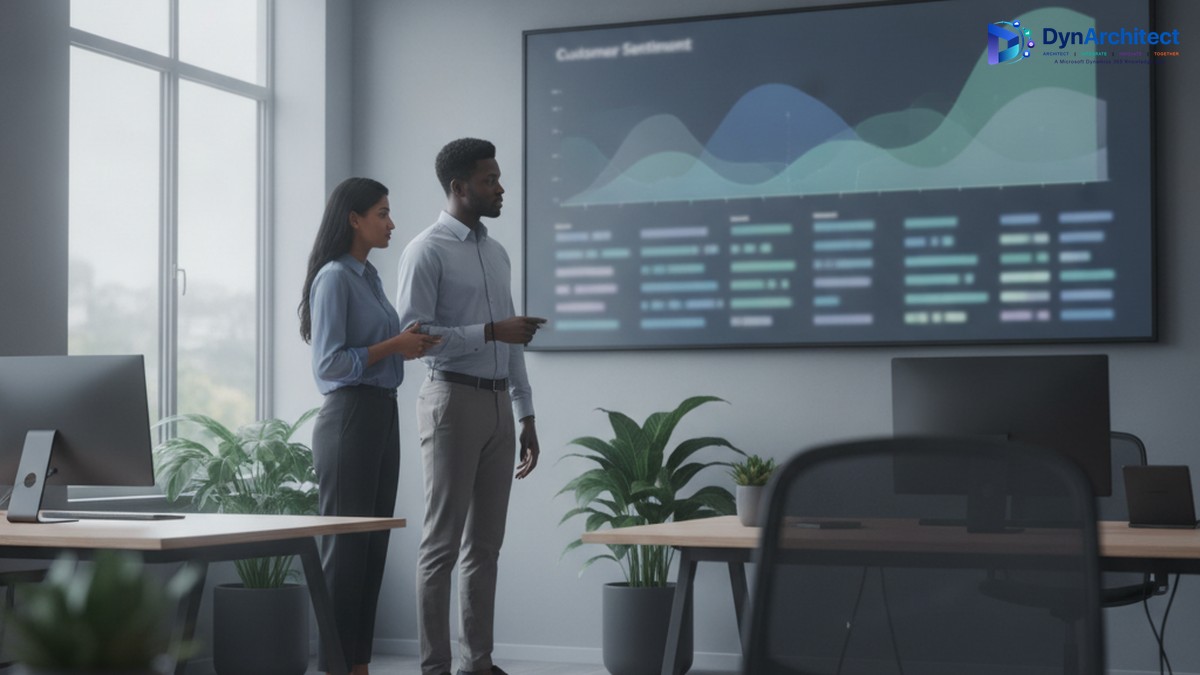 Customer experience team reviewing a sentiment analytics dashboard on a large monitor