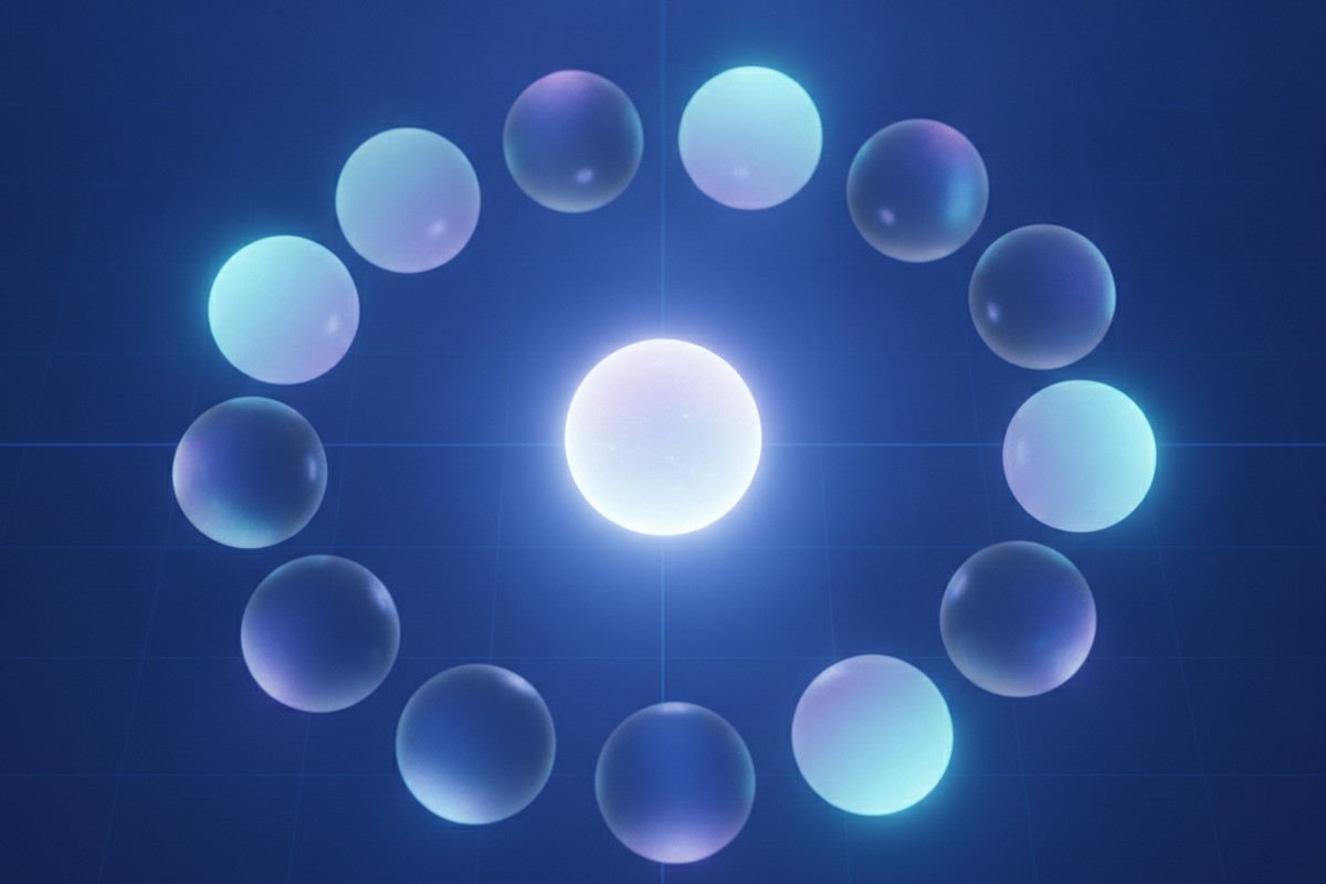 Abstract illustration of glowing spheres arranged in a rotation cycle, representing AI model versions turning over