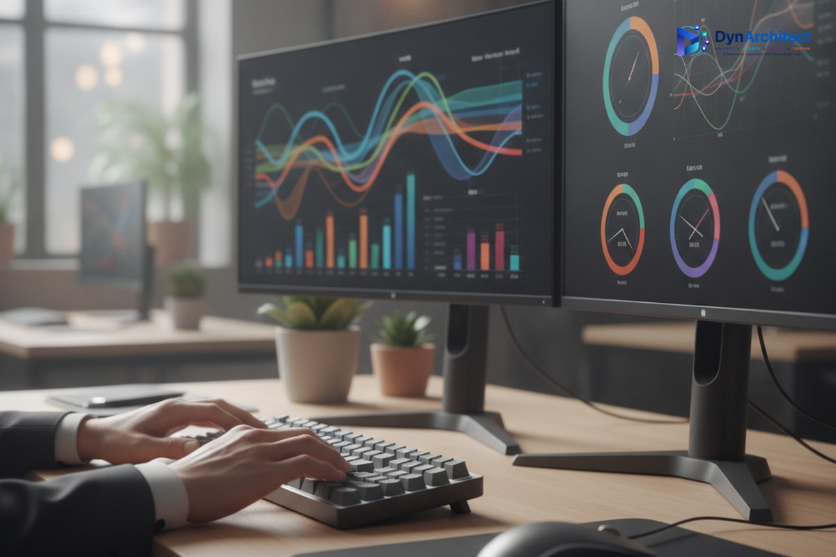 Financial analyst working at a dual-monitor desk with Power BI analytics dashboards