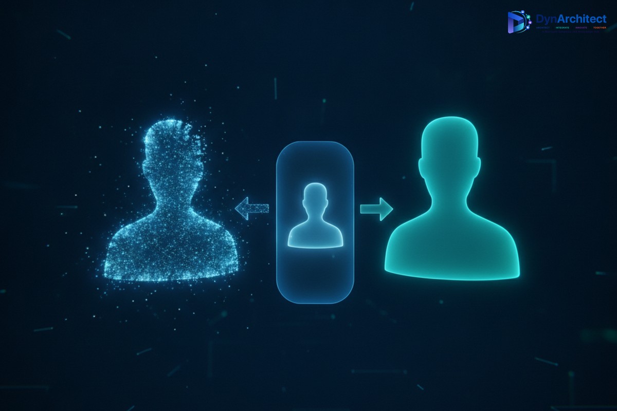 Abstract illustration of an anonymous visitor identity merging into a verified known customer profile