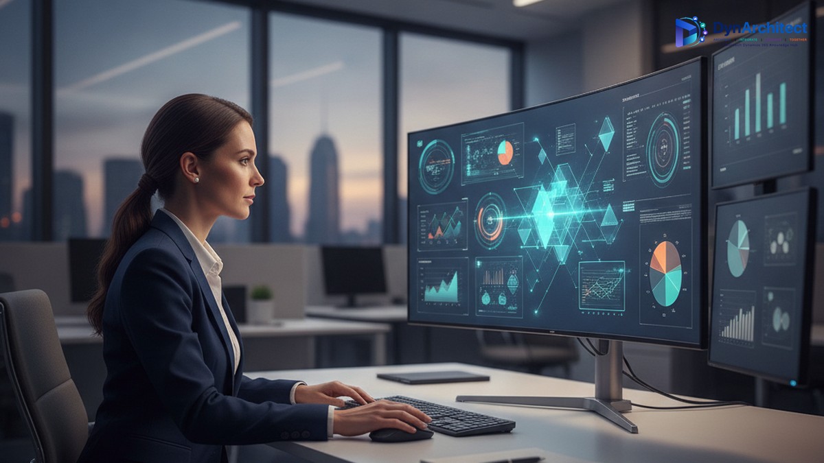 Finance manager reviewing a vendor payment and cash flow dashboard on office monitors