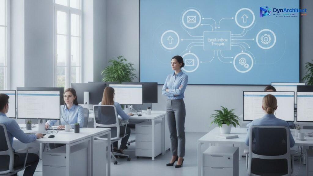 Customer service manager reviewing an automated email triage dashboard in a modern operations center