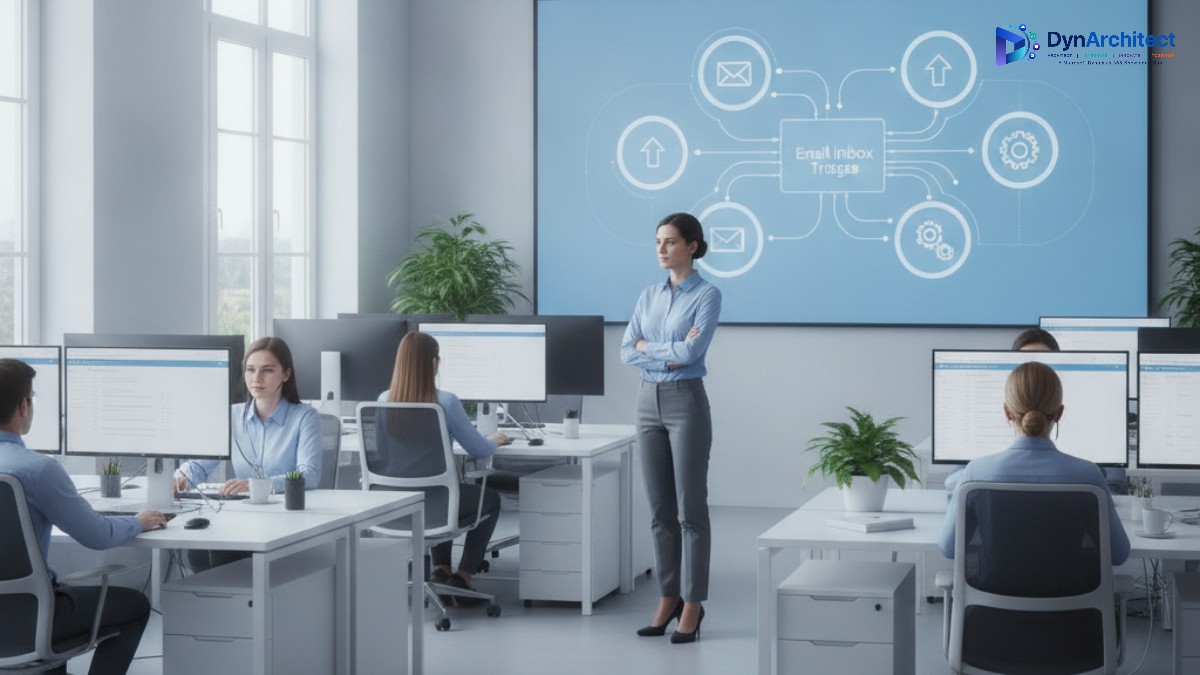 Customer service manager reviewing an automated email triage dashboard in a modern operations center