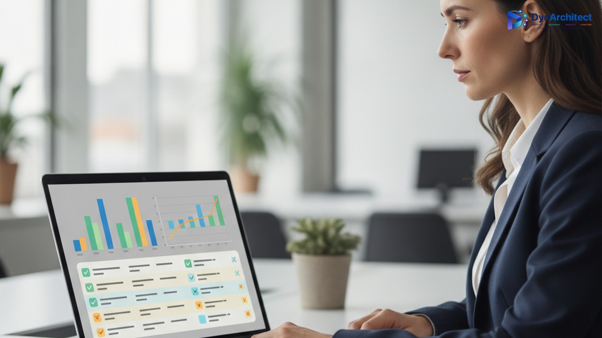 Finance professional reviewing bank reconciliation Copilot matches on a laptop dashboard