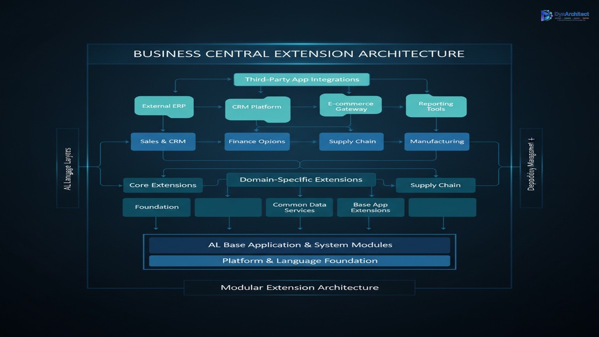 Business Central extension architecture and dependency management diagram with AL language layers and modular integration