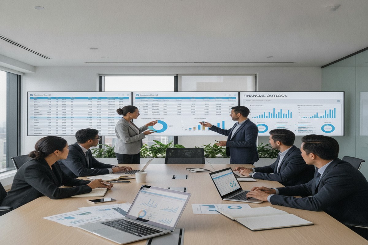 Finance team analyzing Business Central inventory valuation in office