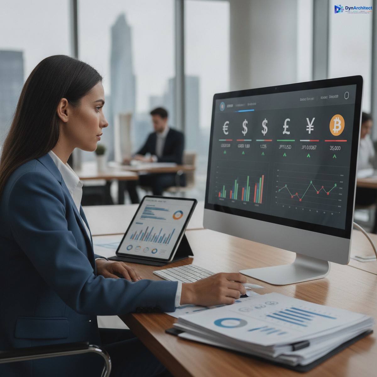 Finance professional reviewing global transactions