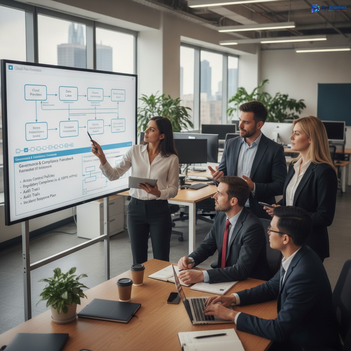 IT leaders and cloud architects collaborating on governance and compliance framework planning