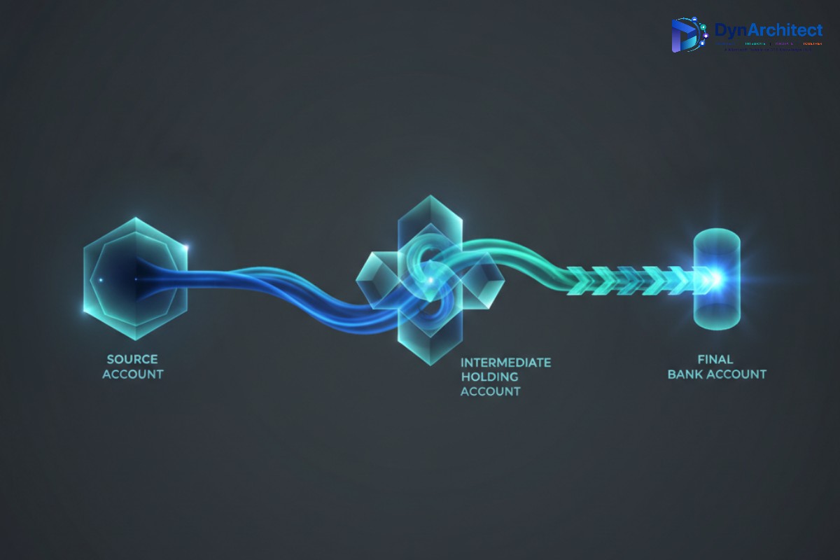 Abstract illustration of payments flowing through a bridging account to a final bank account