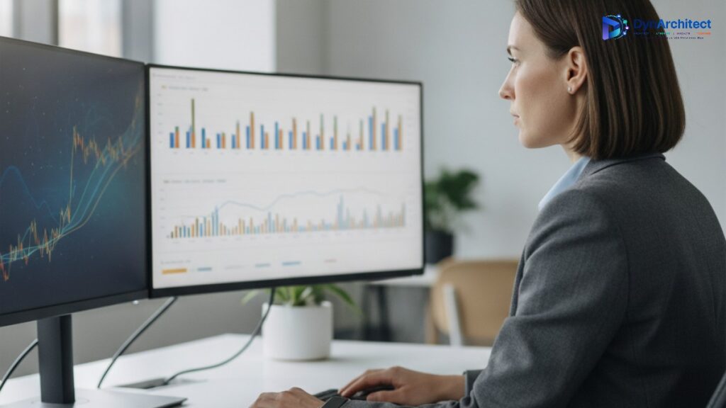 Finance professional reviewing bank reconciliation data on a desktop monitor in a modern office