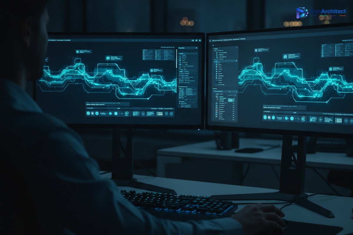 Developer workstation displaying live data flow dashboards representing database integration