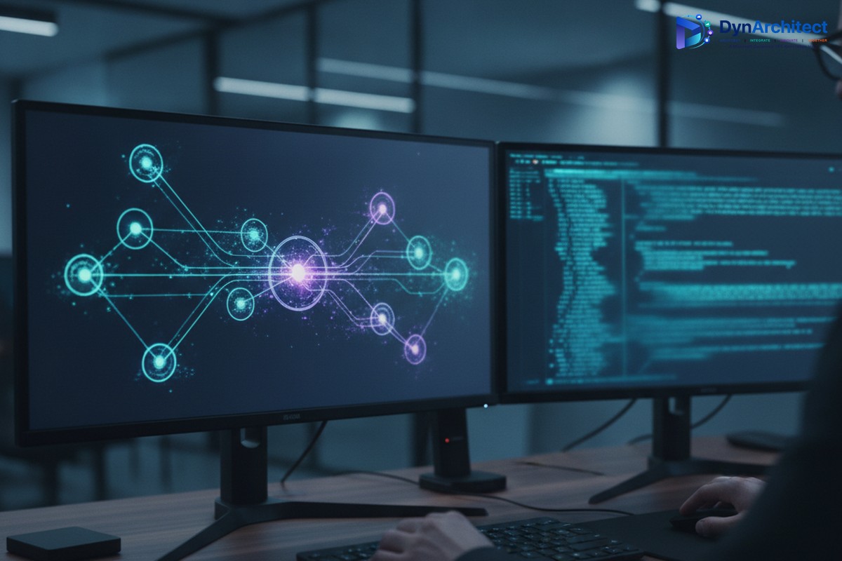 Developer workstation showing an abstract data synchronization diagram representing a Business Central API integration