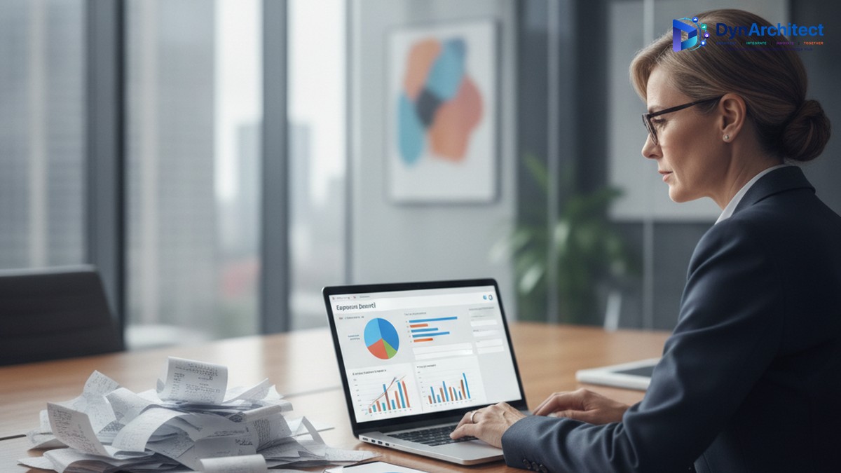 Finance director reviewing an expense report approval dashboard in a modern office