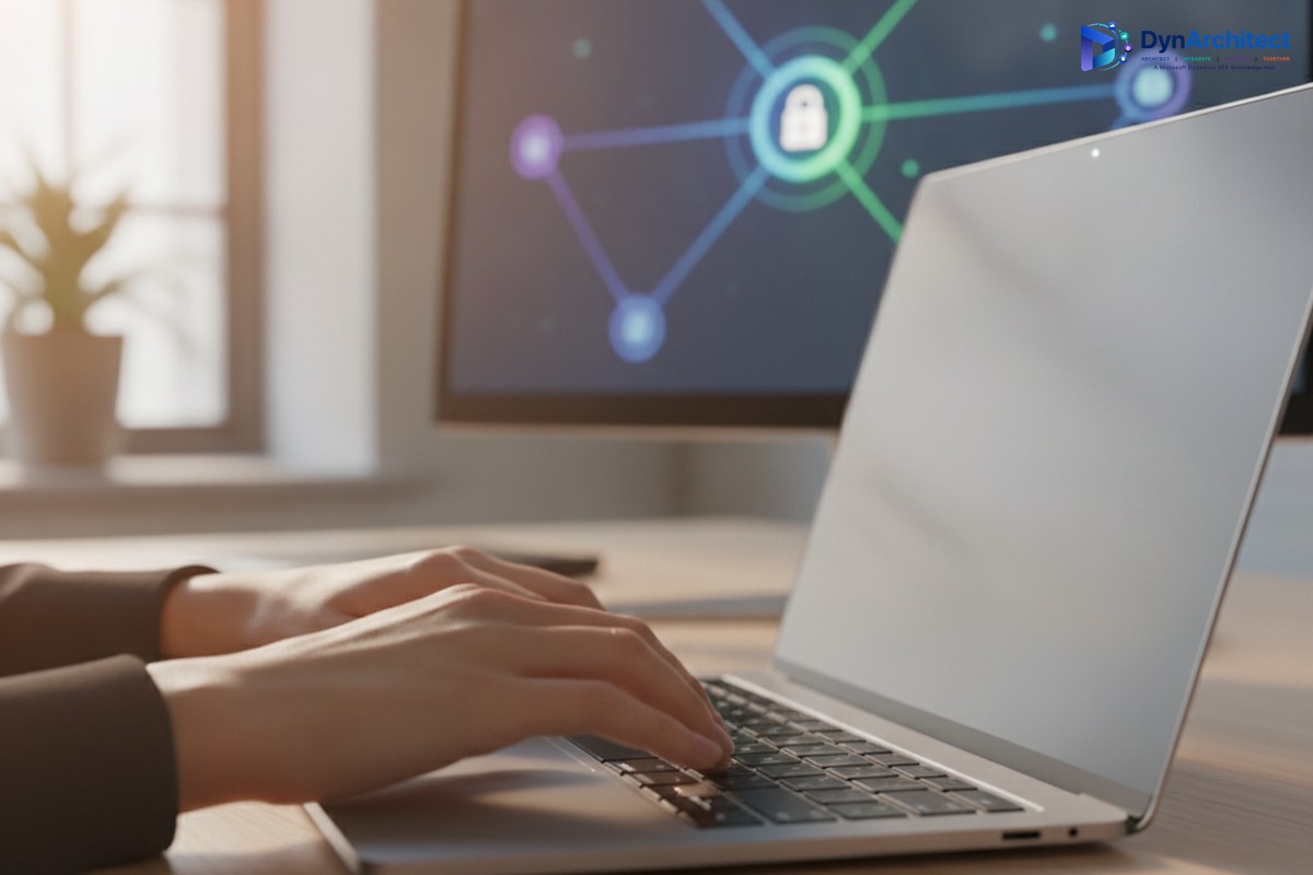 Developer configuring secured API access for an AI agent, shown as a connected node diagram with a lock icon on a monitor