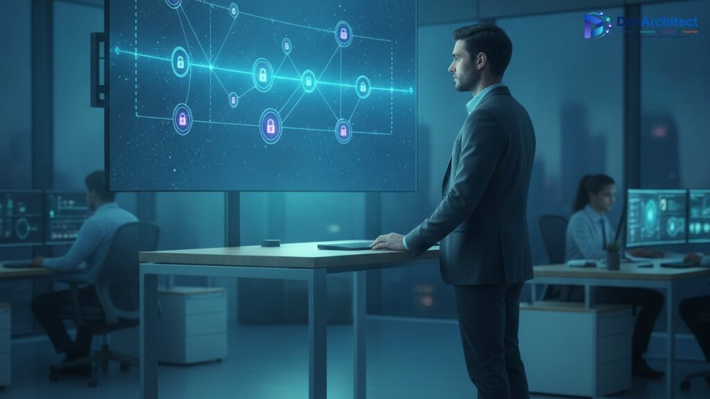 Solution architect reviewing an AI agent access and data governance diagram on a large screen in a modern office