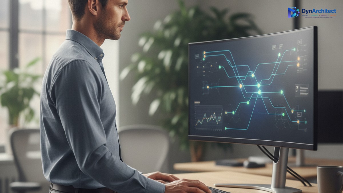 Solution architect reviewing integration and API connection status on a monitor, representing Business Central OData migration planning