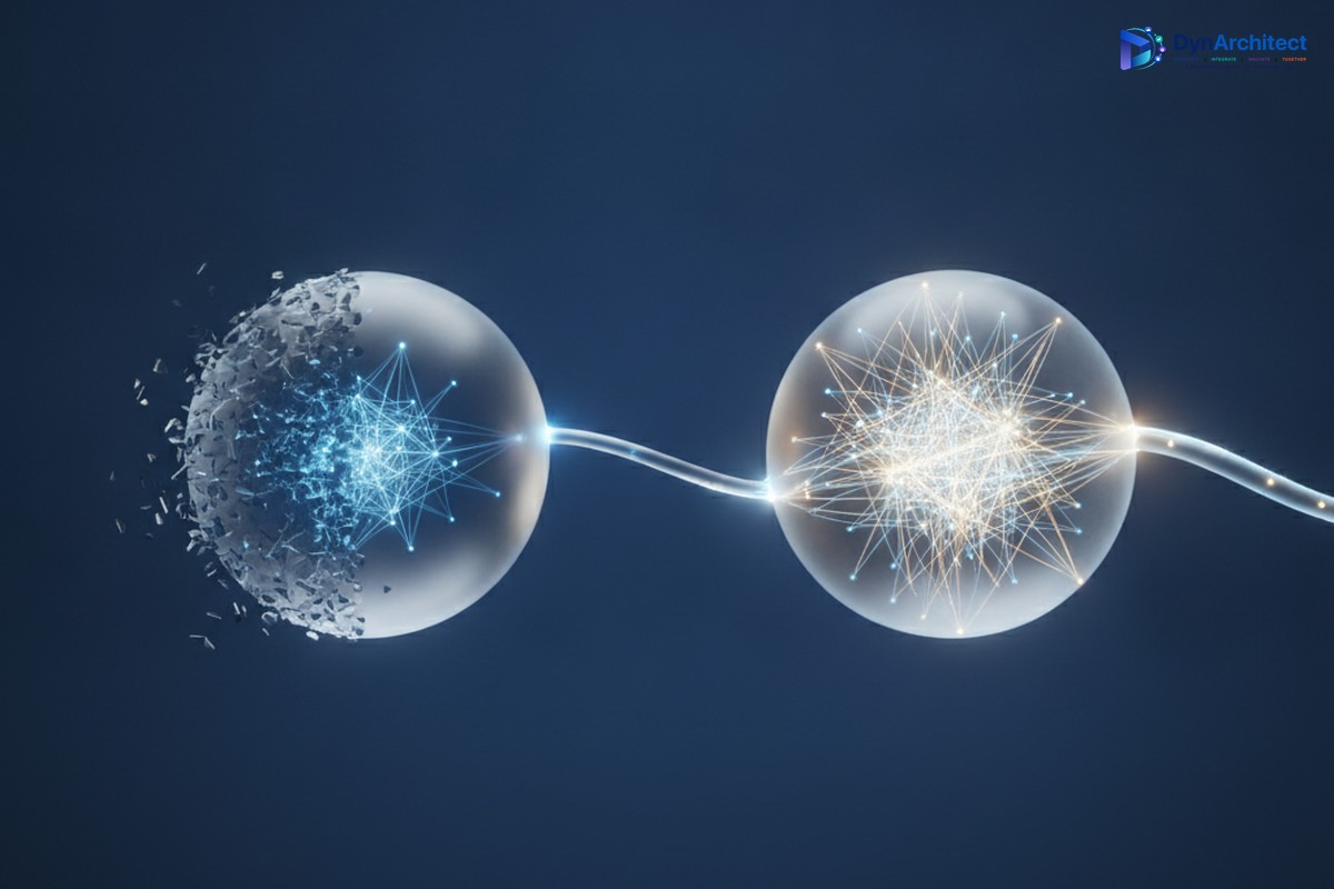 Abstract illustration of a legacy data connection node fading out as a new API connection node forms, representing migration from OData to API v2.0