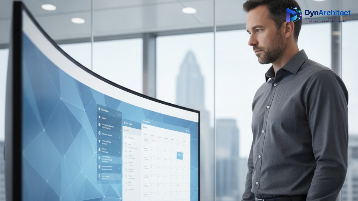 IT professional reviewing an email and calendar dashboard, representing Business Central Outlook integration