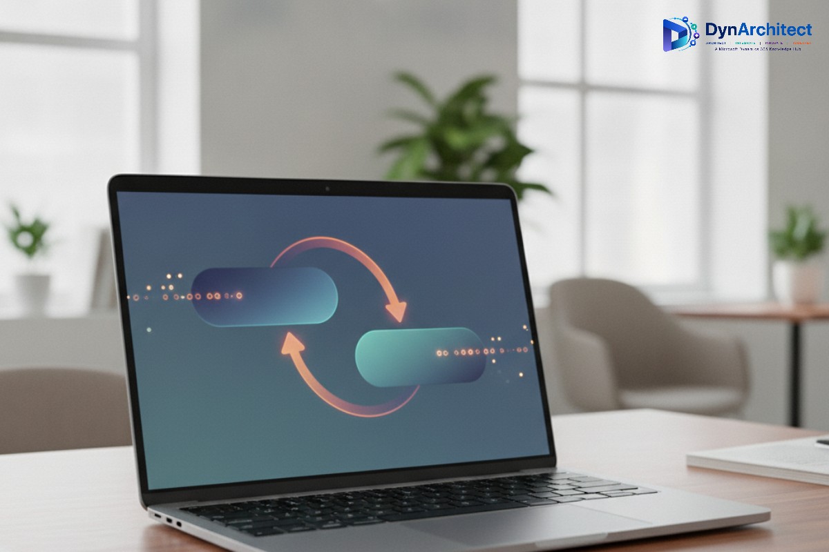 Abstract visualization of data synchronization flowing between two connected systems on a laptop screen