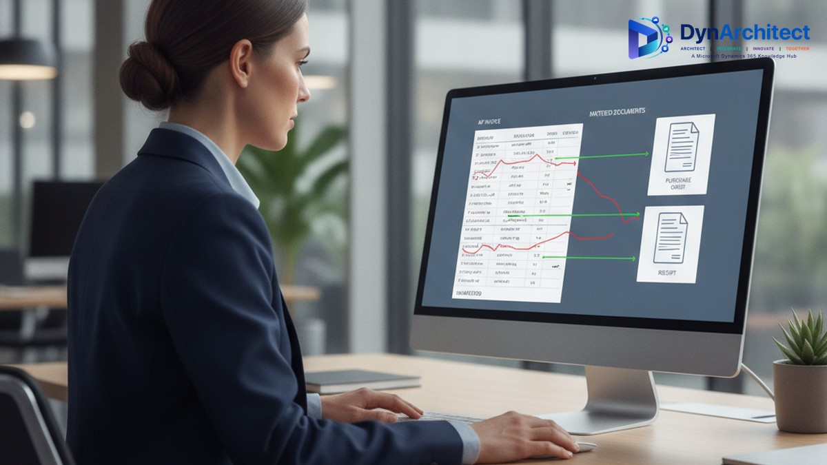 Finance professional reviewing an AP invoice matched against a purchase order and receipt on a computer dashboard