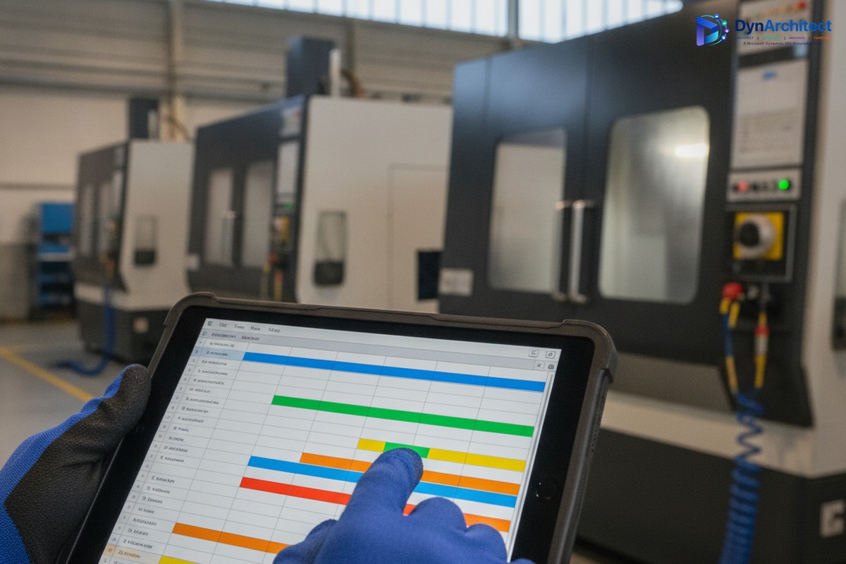 A shop floor worker holding a tablet showing a drag-and-drop visual production schedule next to CNC machining equipment