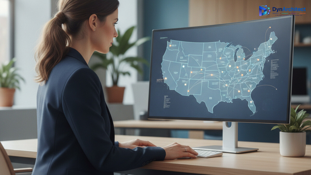 Finance operations analyst reviewing a multi-state tax jurisdiction dashboard on a monitor