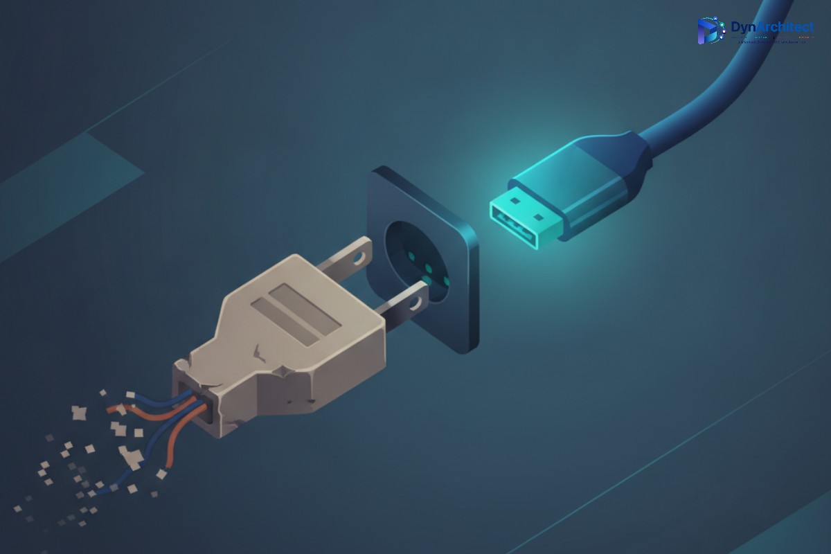 Abstract illustration of a legacy data connector being replaced by a modern API connector