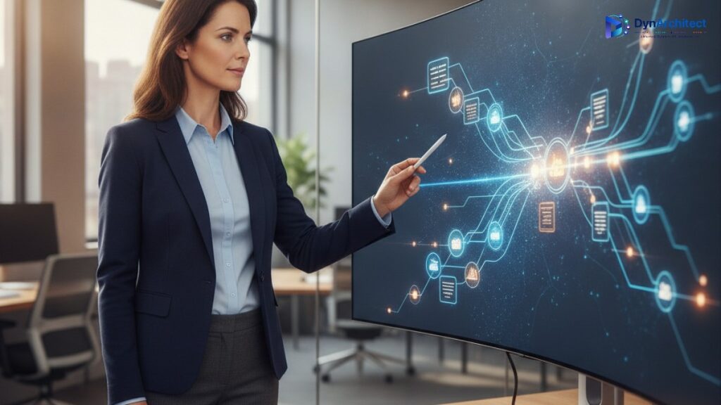IT director reviewing a systems integration architecture diagram on a monitor in a modern office