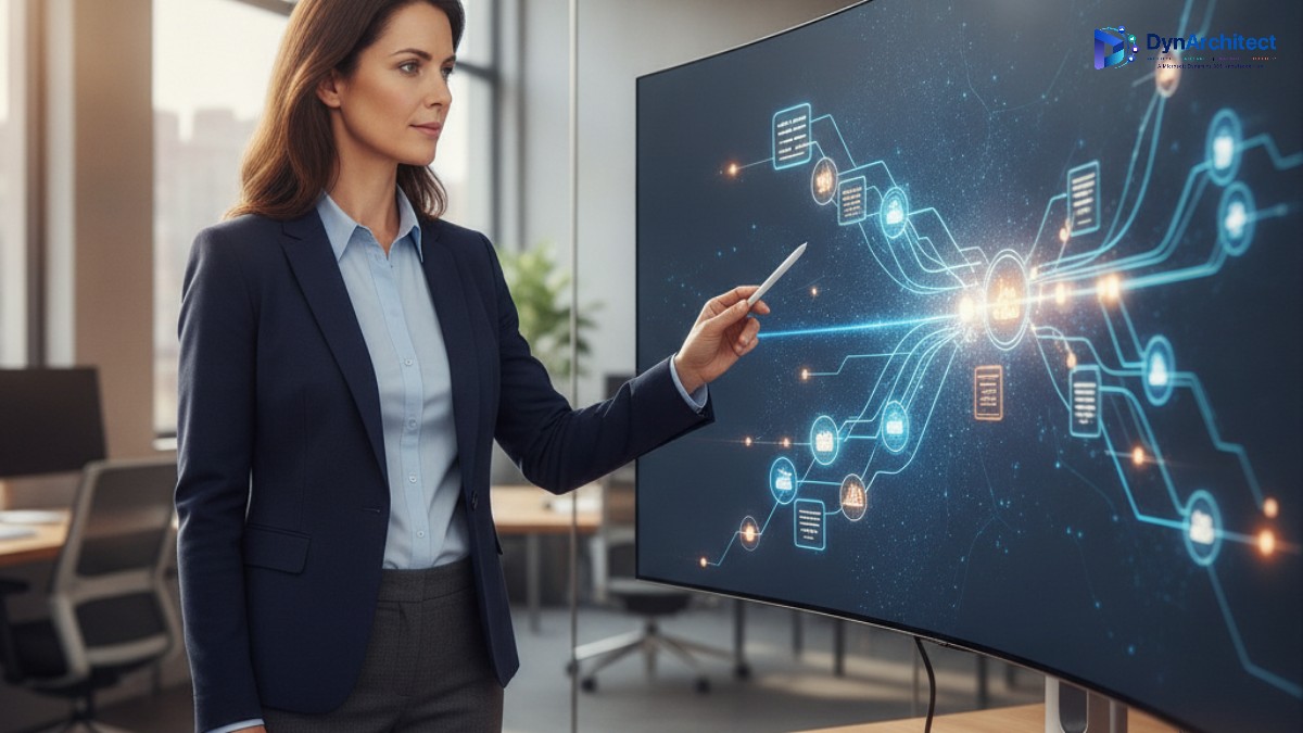 IT director reviewing a systems integration architecture diagram on a monitor in a modern office