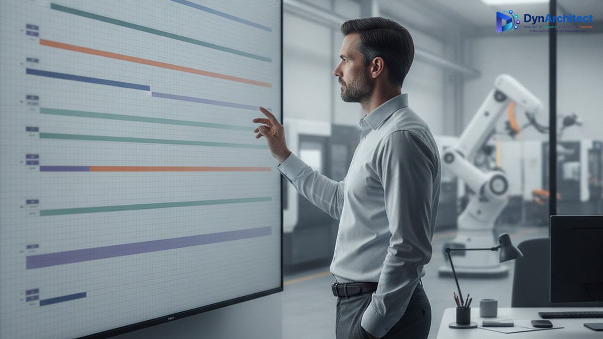 A production scheduler pointing at a large touchscreen displaying a colorful Gantt-style production schedule in a factory control room