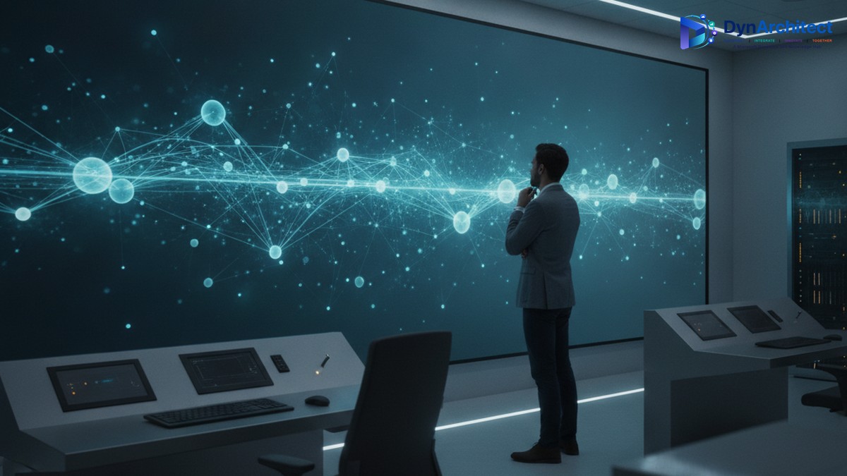 Solutions architect reviewing a network integration dashboard representing Business Central webhook notifications