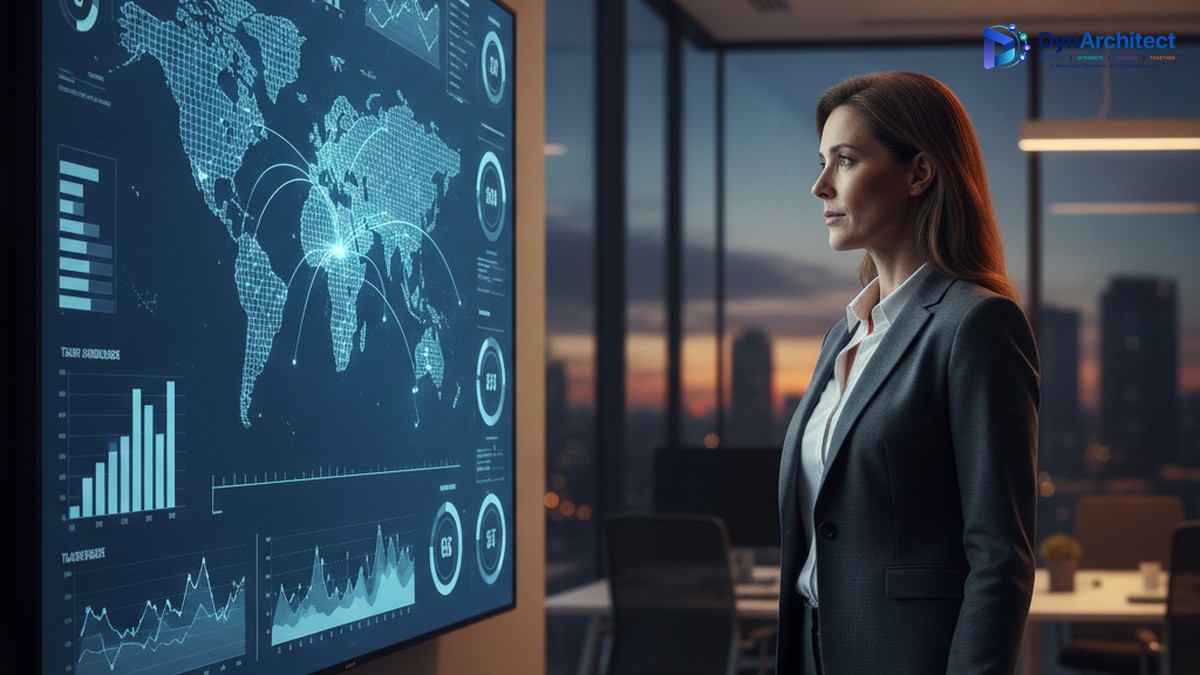 Finance director reviewing an international vendor payment and tax compliance dashboard in a modern office