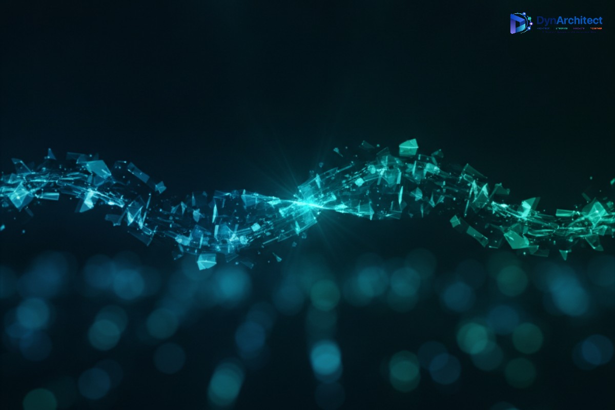 Abstract visualization of two data streams merging, representing a bank statement format migration