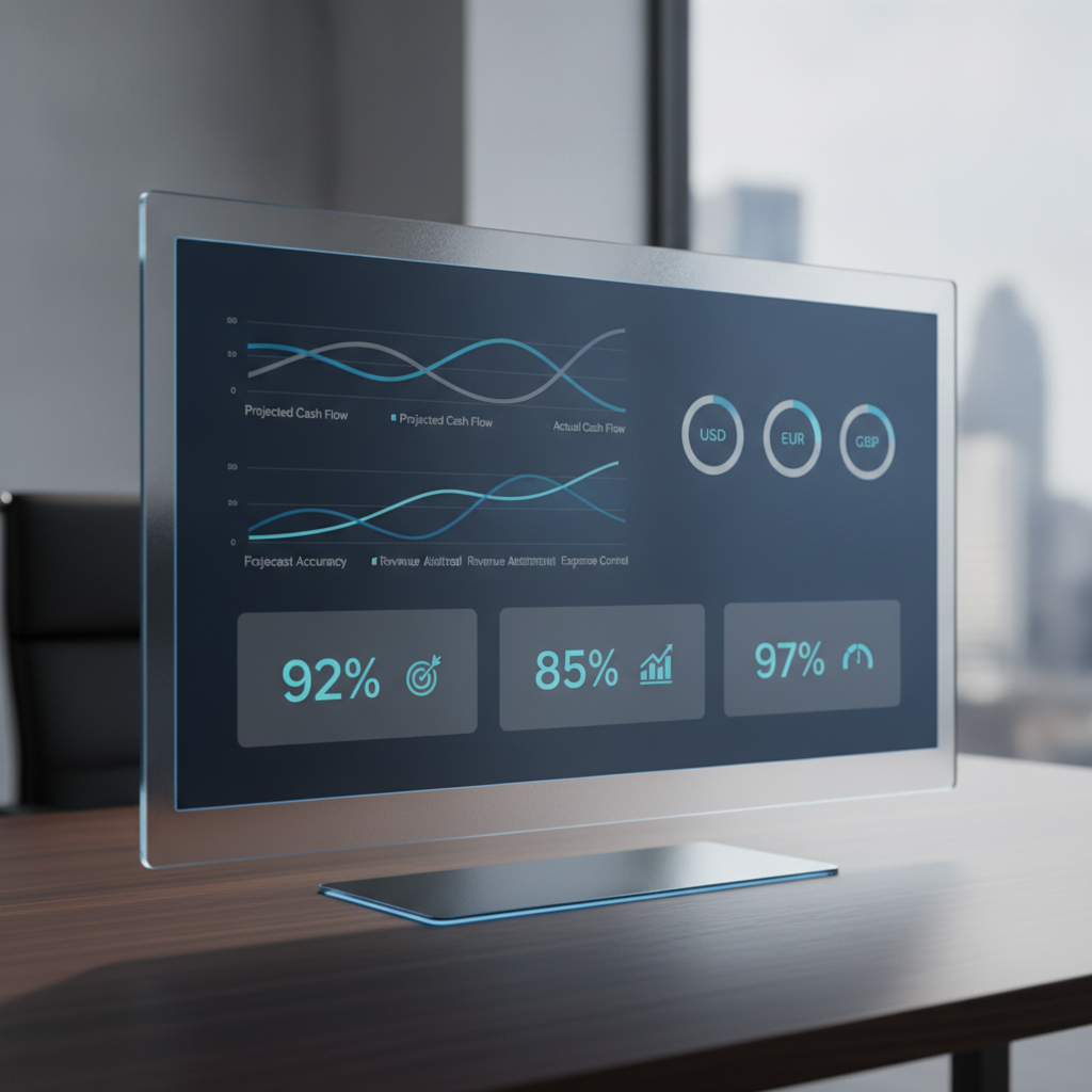 Cash flow forecasting dashboard showing projected vs actual data with KPI metrics