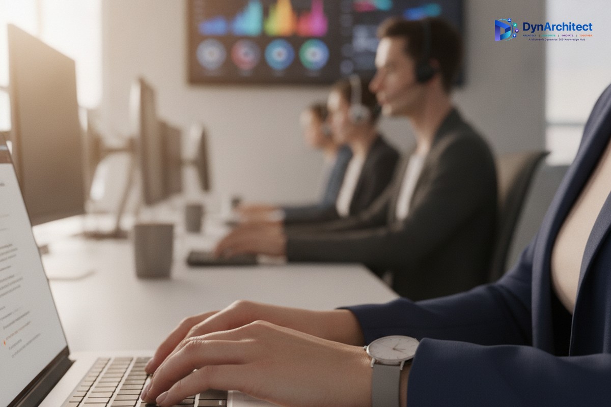 Contact center team configuring routing logic while agents handle live conversations in the background
