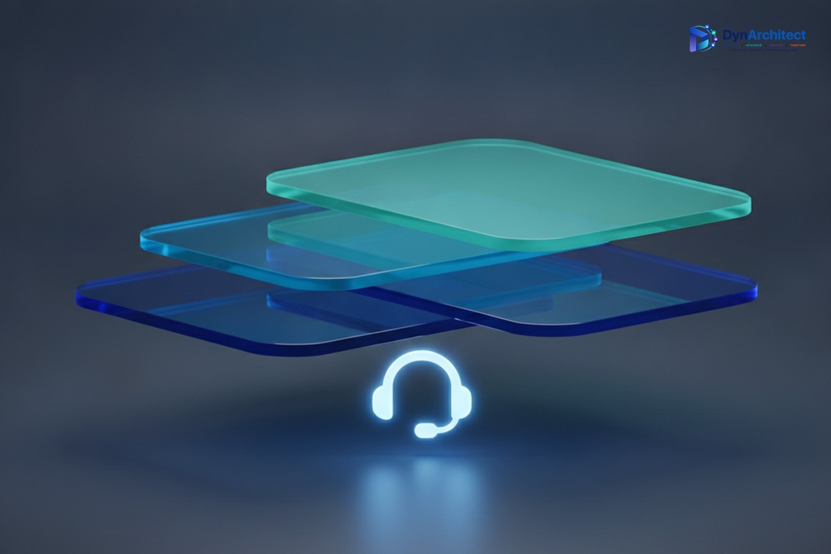 Abstract illustration of stacked translucent layers representing tiered software licensing above a glowing customer service headset icon