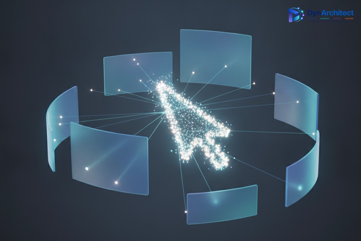 Abstract illustration of an AI agent cursor navigating connected software interface panels