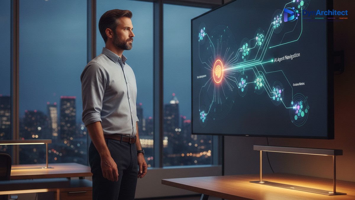 IT director reviewing an automated workflow diagram representing a Copilot Studio computer-use agent on an office monitor